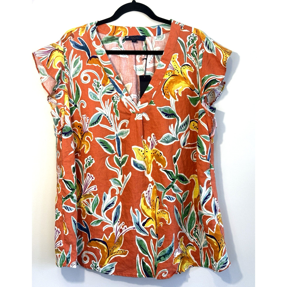 Rachel Rachel Roy Linen Floral Top 2X Tropical Flutter Sleeve V-neck NWT